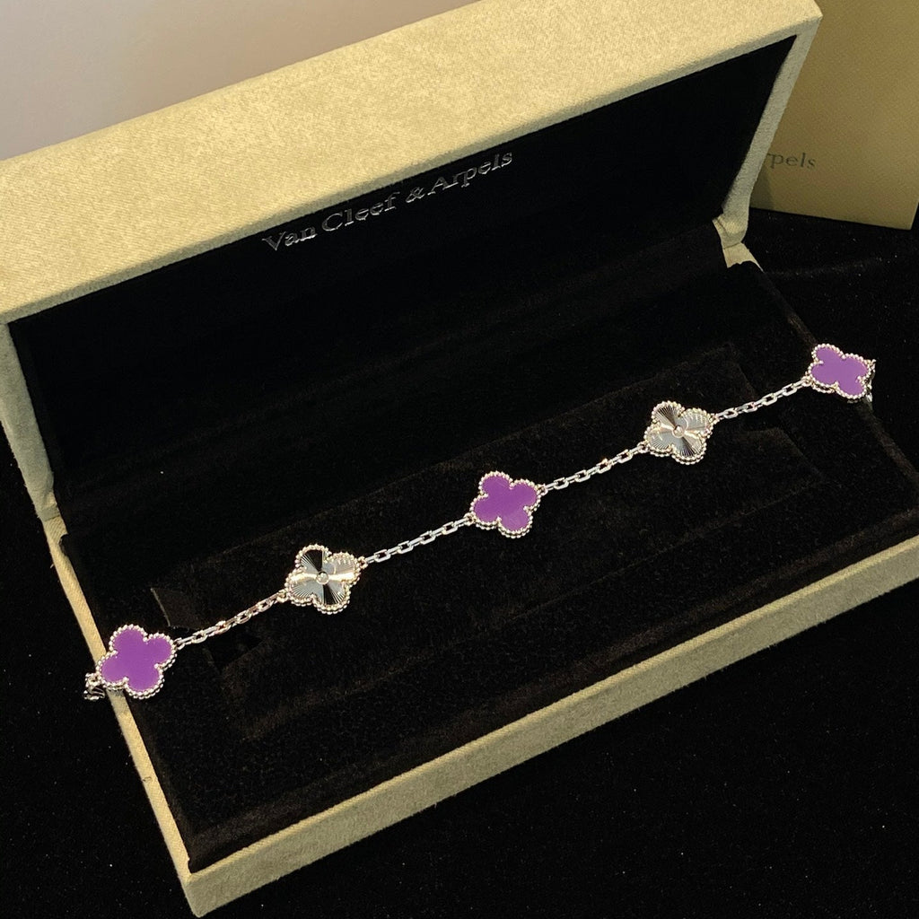 [Royal]CLOVER  5 MOTIFS  PURPLE VIOLET BRACELET SILVER